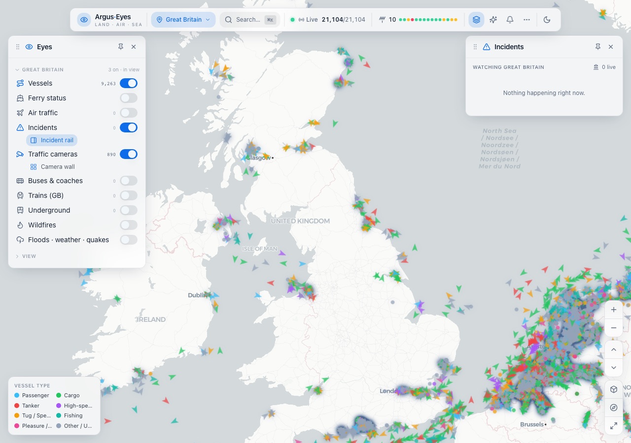 The Argus Eyes map, with live vessel traffic around Great Britain